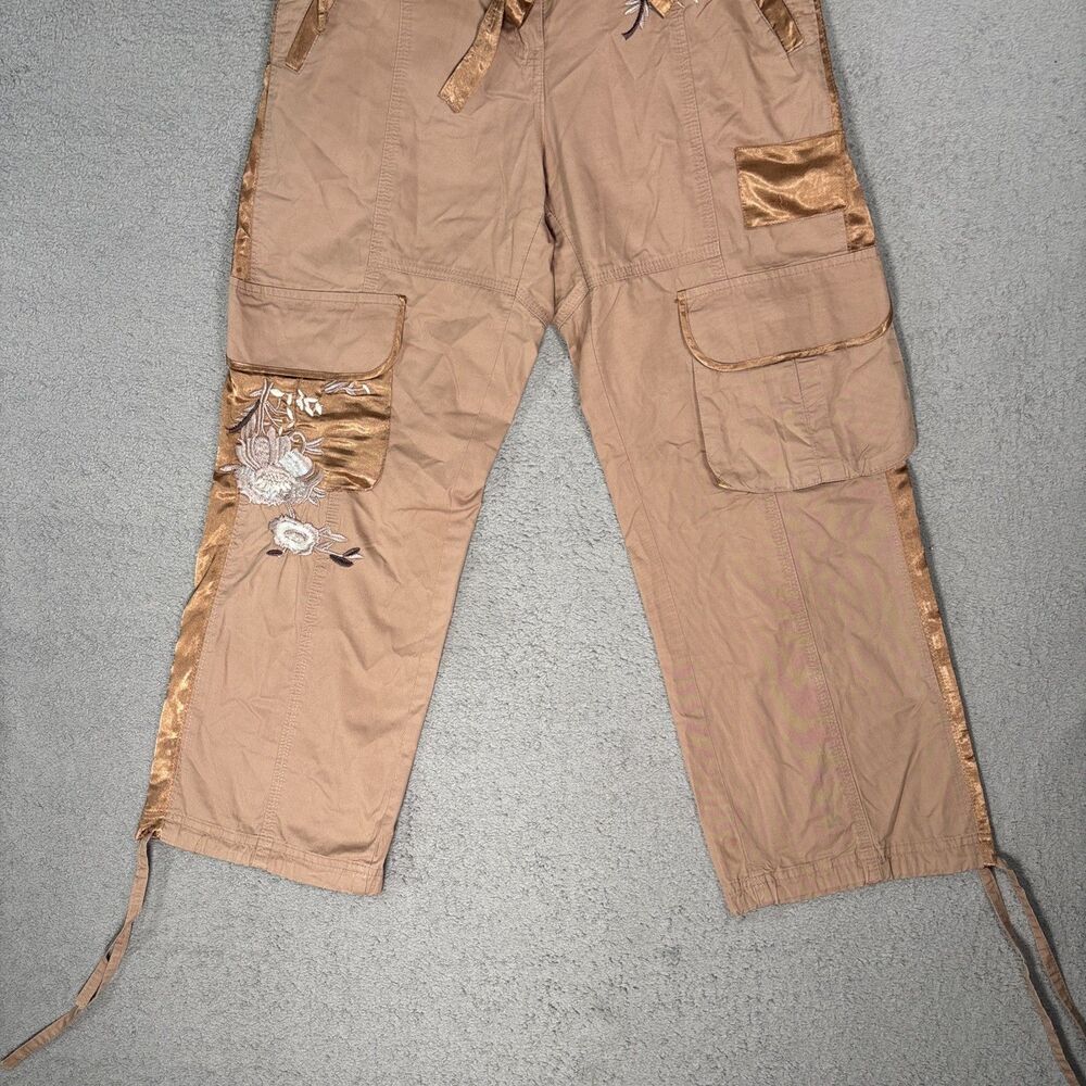 Cache Women’s Cropped Cargo Pants Size S Tan Brown Floral Boho Y2K Rave Fairy - Picture 2 of 15